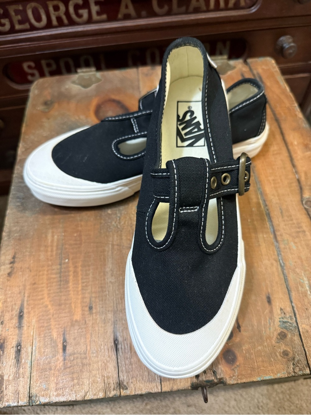 Vans Black Canvas Mary Jane Sneakers with White Soles and Buckle Strap